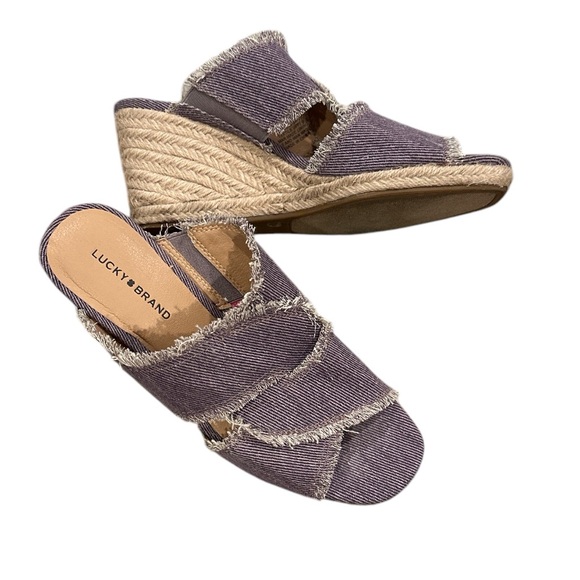 LUCKY BRAND MADGIE FRINGED OPEN TOE CANVAS WEDGE ESPADRILLE SANDAL SHOES 7.5 - Picture 1 of 8
